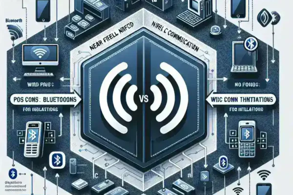 "Ilustrasi perbandingan kelebihan NFC di atas Bluetooth untuk penggunaan dalam pemasangan perangkat, menampilkan ikon NFC dan Bluetooth dengan penjelasan fitur masing-masing."