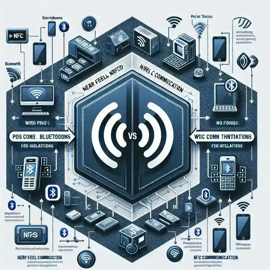"Ilustrasi perbandingan kelebihan NFC di atas Bluetooth untuk penggunaan dalam pemasangan perangkat, menampilkan ikon NFC dan Bluetooth dengan penjelasan fitur masing-masing."