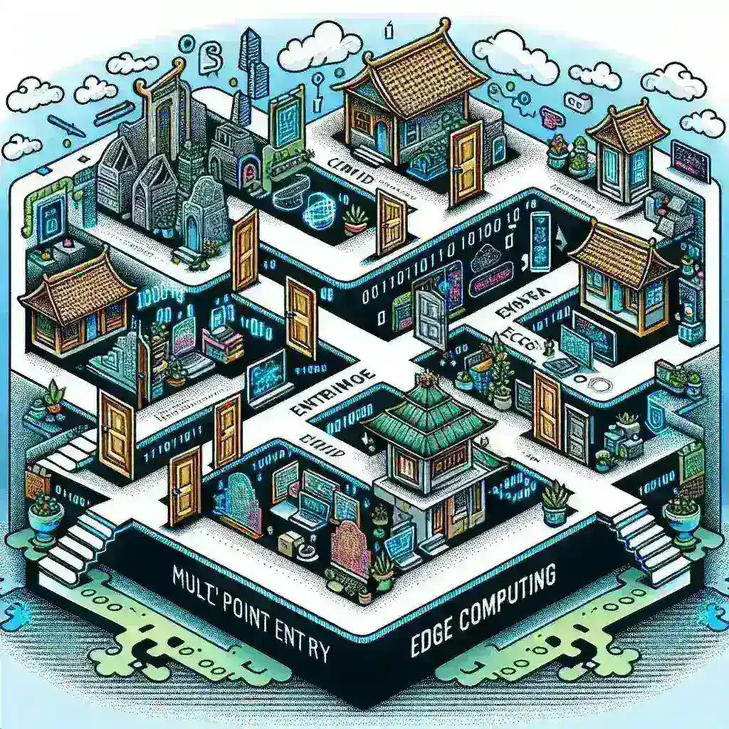 "Diagram illustrating the challenges of Multiple Point Entry in Edge Computing in Indonesia, highlighting key issues such as data security, latency, and network management."