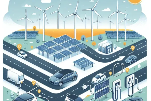 "Ilustrasi pengembangan ekosistem kendaraan listrik terintegrasi dengan energi terbarukan, menunjukkan kendaraan listrik yang diisi daya dari panel surya dan turbin angin, menciptakan solusi transportasi ramah lingkungan di masa depan."