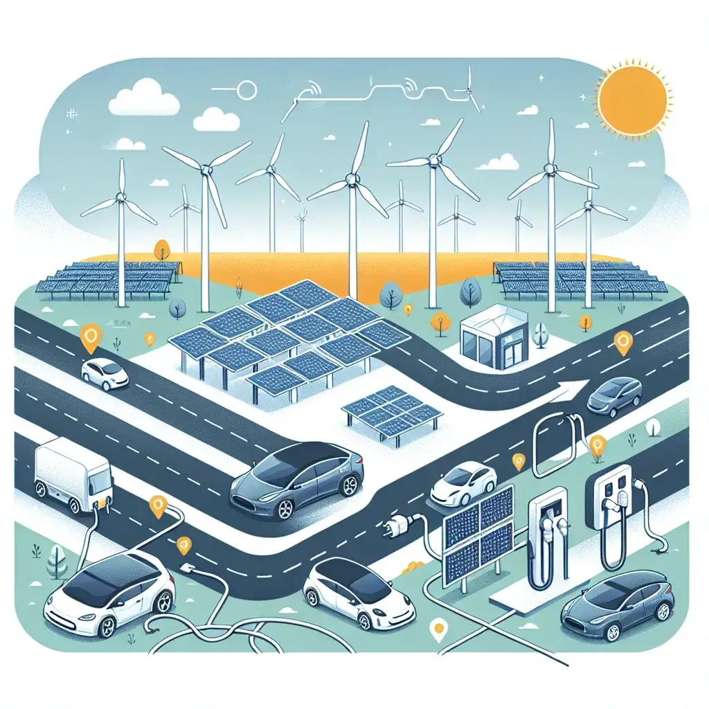 "Ilustrasi pengembangan ekosistem kendaraan listrik terintegrasi dengan energi terbarukan, menunjukkan kendaraan listrik yang diisi daya dari panel surya dan turbin angin, menciptakan solusi transportasi ramah lingkungan di masa depan."